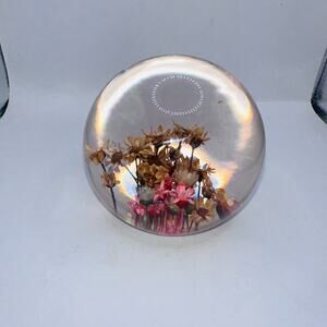Vintage Daisyglas Co Lucite Dried Real Flowers Round Sphere  Paperweight MCM